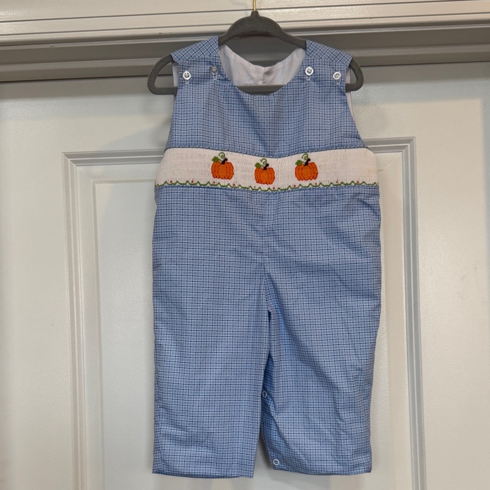 Blue Gingham Kids Overalls with Pumpkin Embroidery
